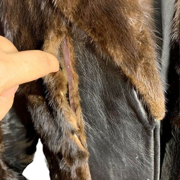 Vintage 70s Real Fur Leather Panel Coat M Black Brown For Repair - Picture 3 of 12